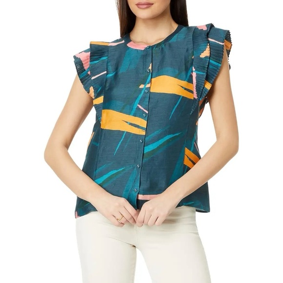 Vineyard Vines Medium Linen Silk Blend Flutter Sleeve Pintuck Top Tropical Blue - Picture 1 of 6